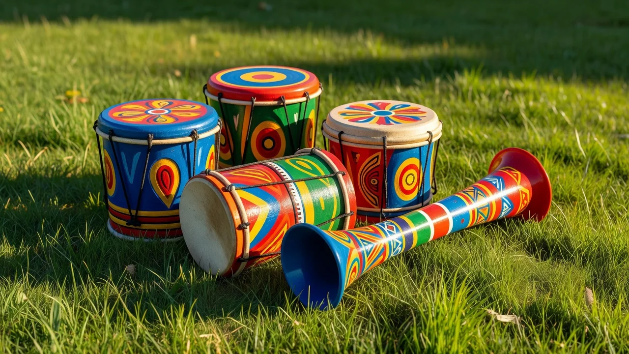 Colorful wooden drums and a painted vuvuzela on green grass in daylight
