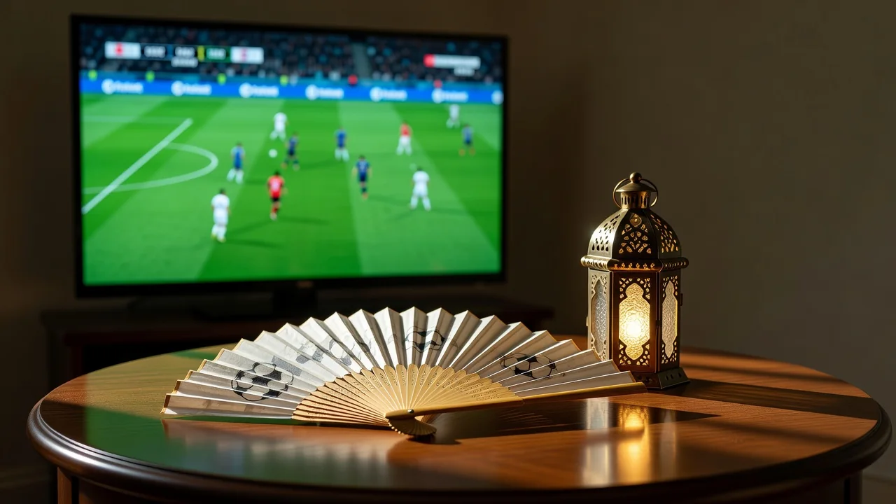 A paper fan and a small lantern on a table in front of a glowing TV