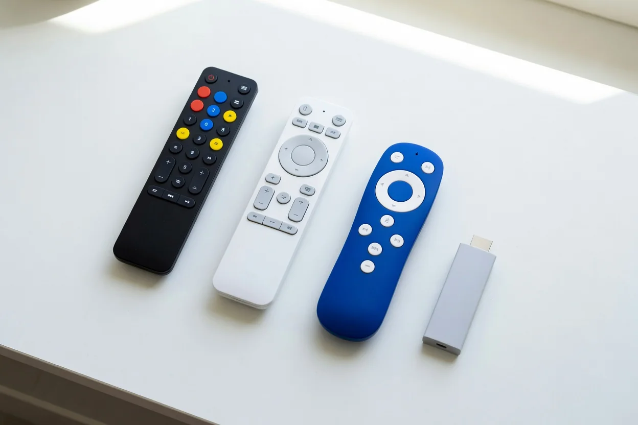A flat lay of three remote controls and a streaming stick on a white desk