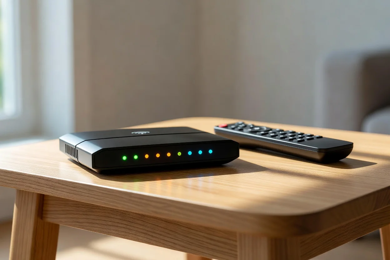 A router with glowing status lights next to a TV remote control