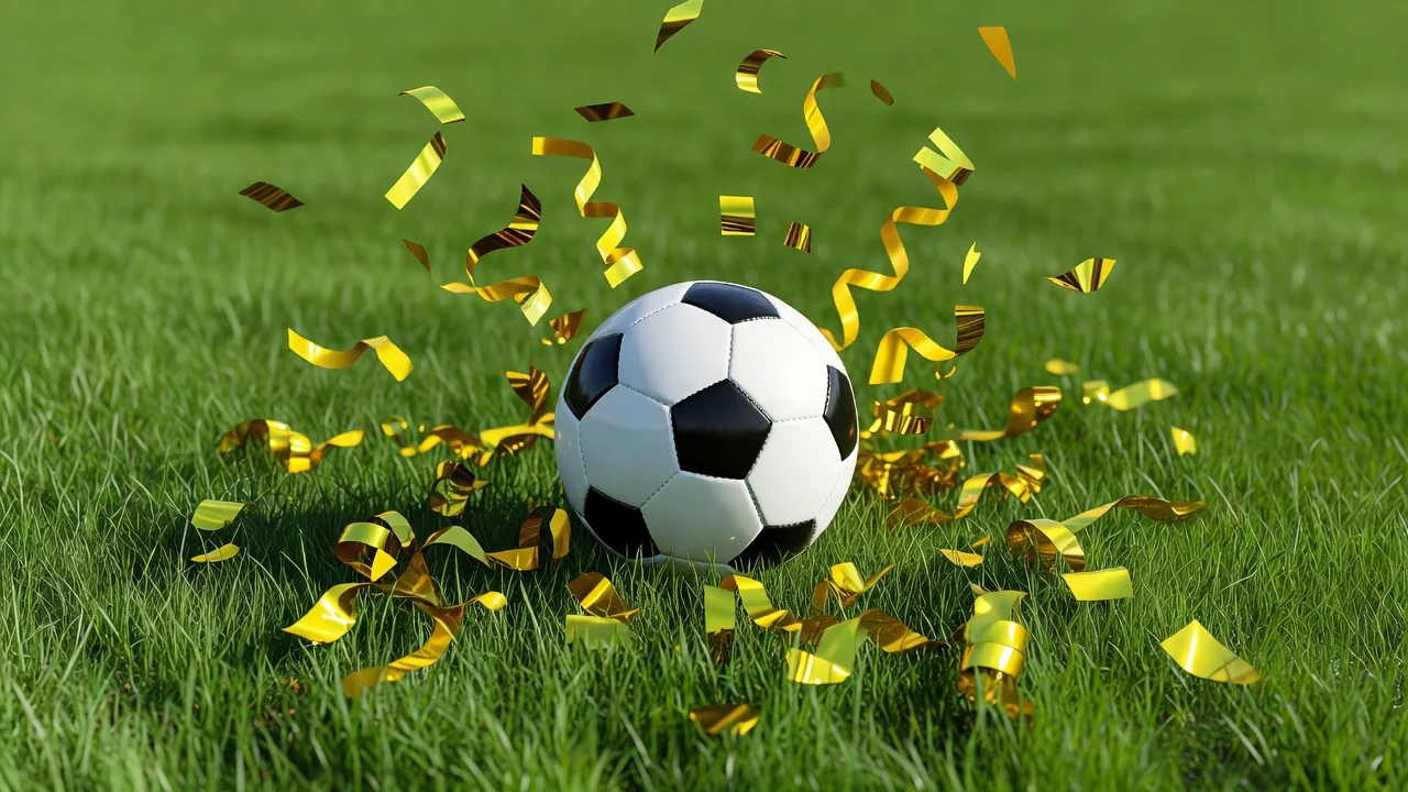 Golden confetti and streamers scattered on green grass around a soccer ball