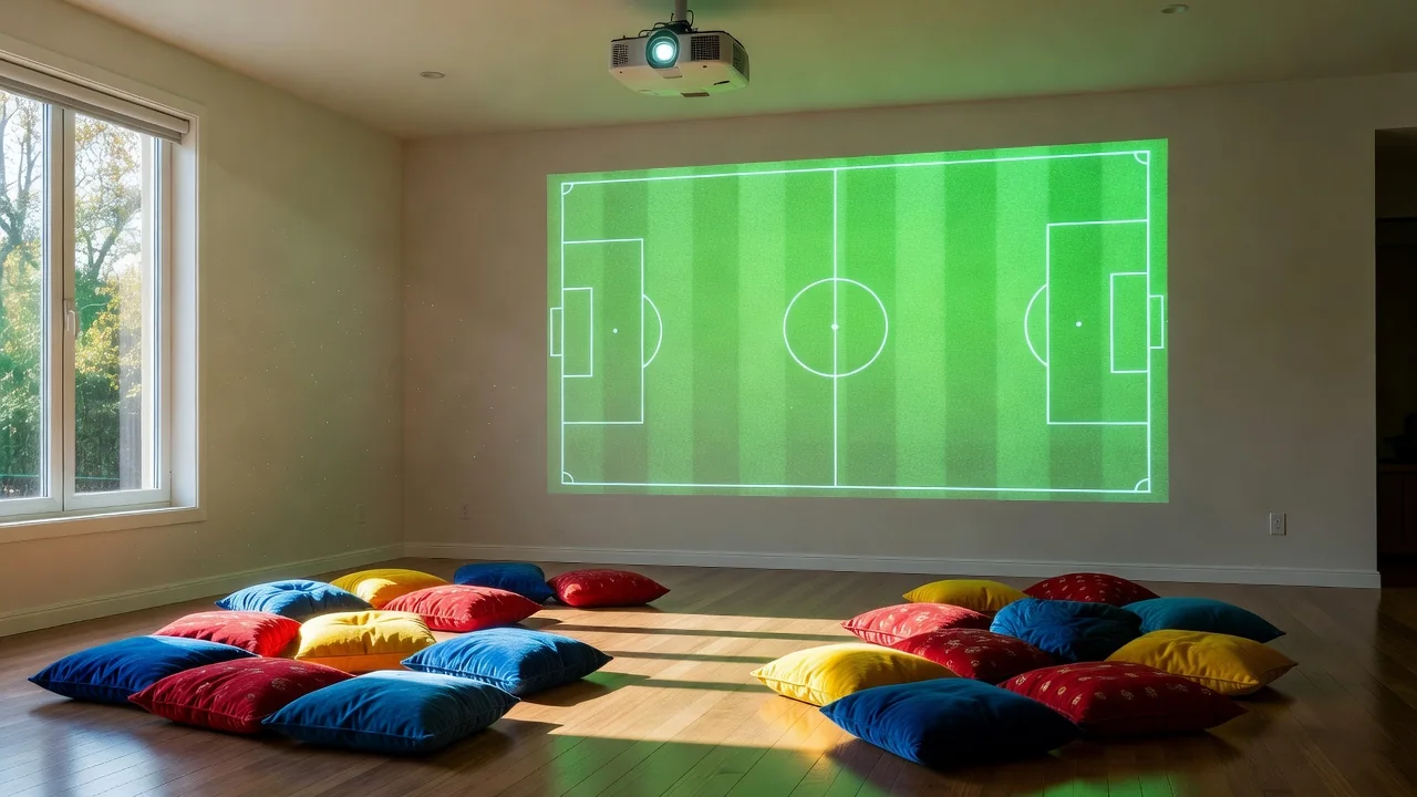 A projector casting a glowing green pitch onto a white living room wall