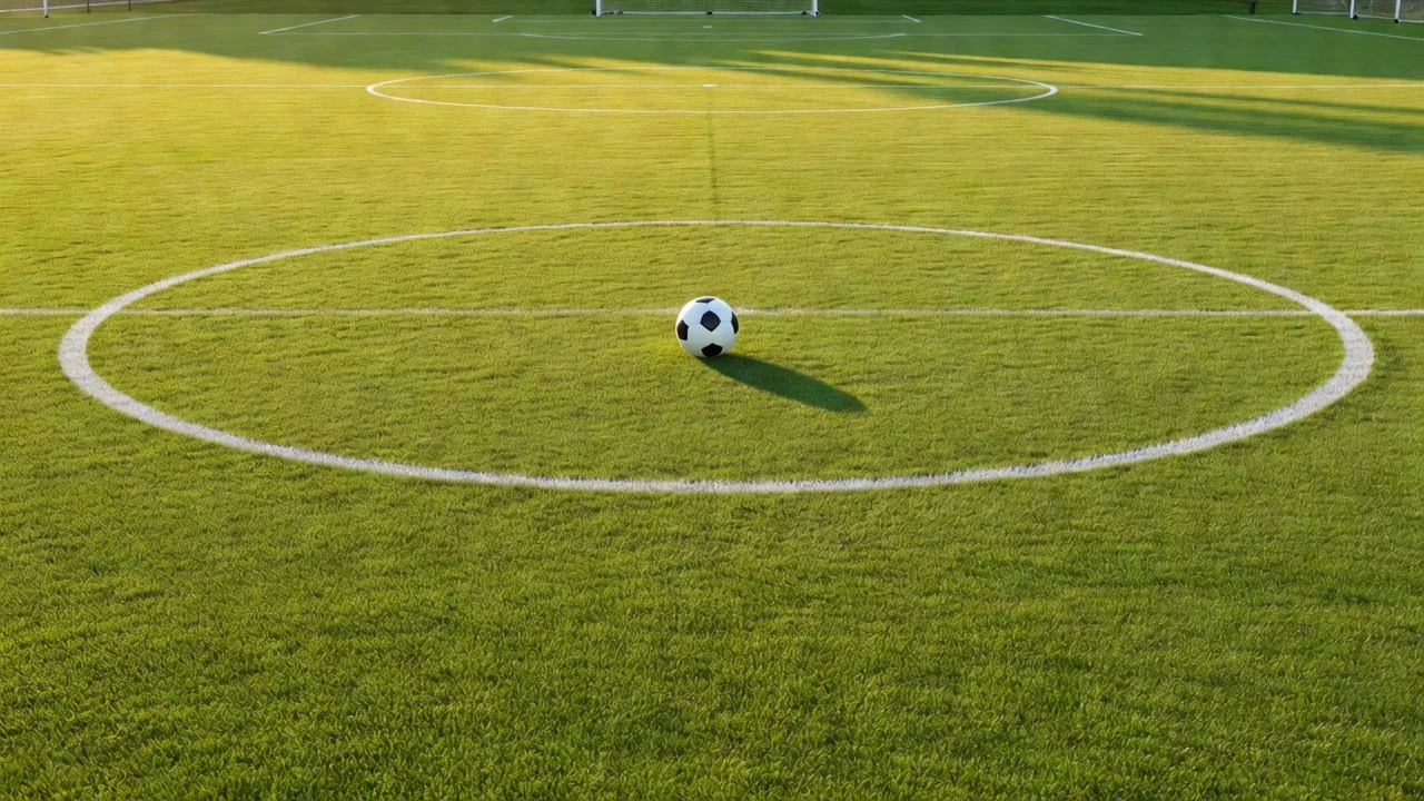 A soccer ball resting in the center circle of an empty pitch at golden hour