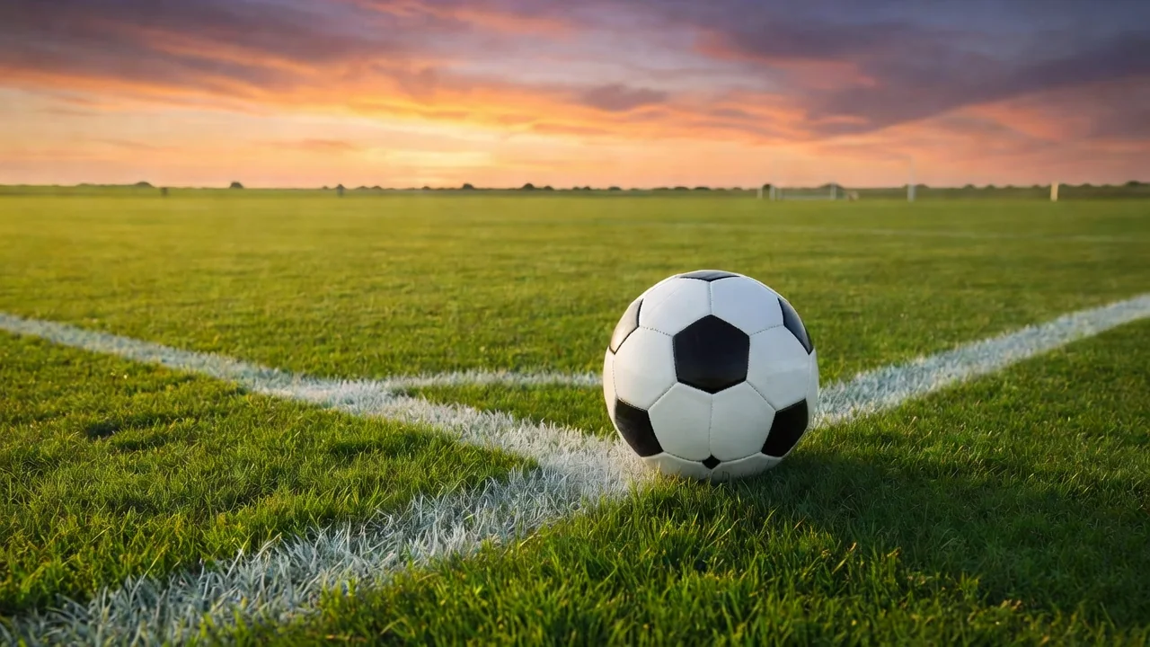 A classic soccer ball resting on the touchline of a pitch at sunset