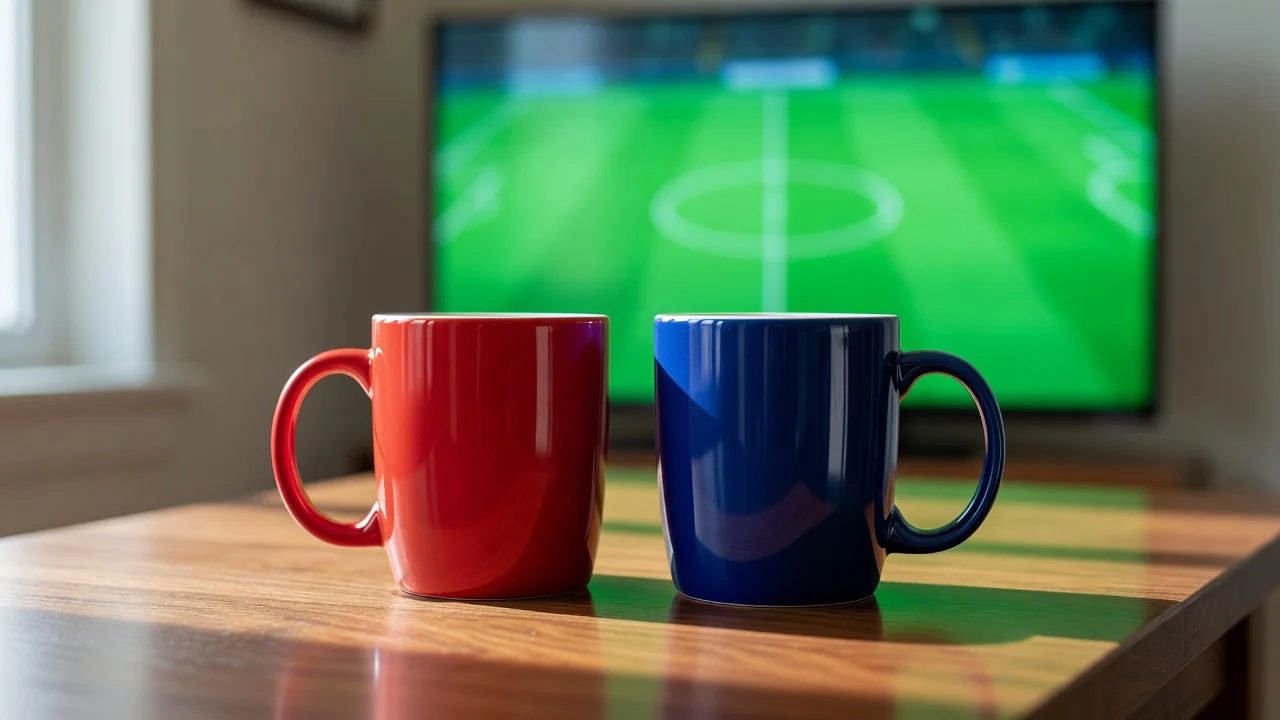 Two ceramic mugs, one red and one blue, in front of a TV glowing green