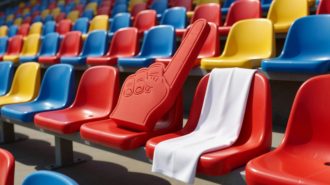 A foam finger and plain white scarf on empty stadium style seats
