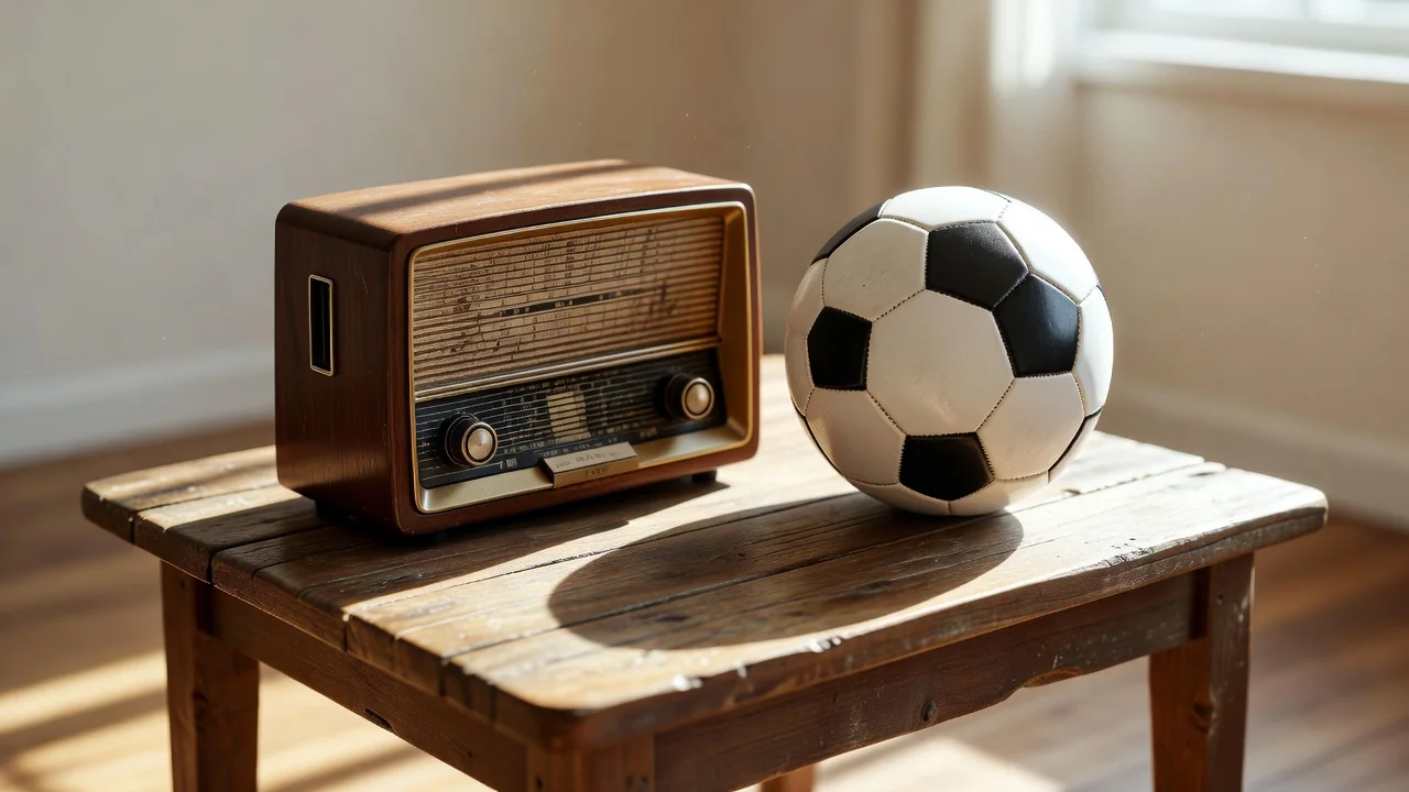 A vintage analog radio on a wooden table next to a soccer ball