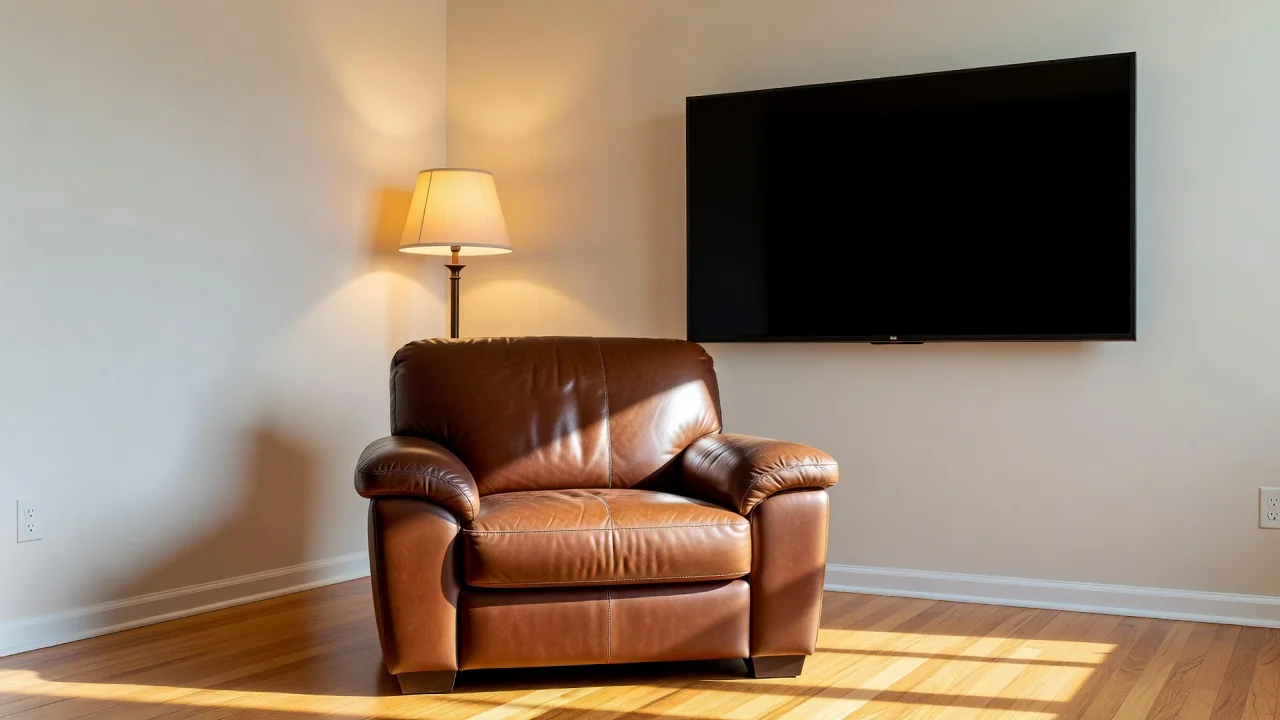 An empty leather armchair facing a dark switched off TV with a floor lamp glowing