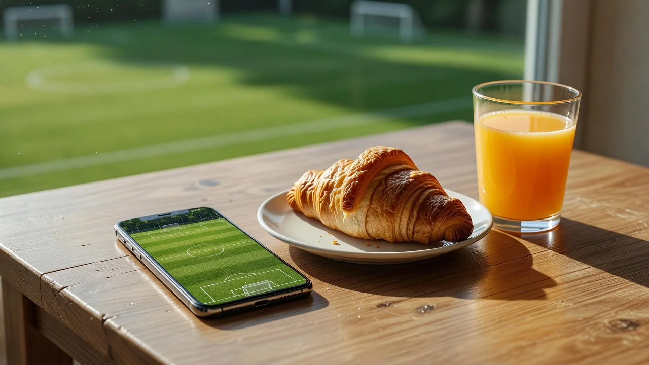 A smartphone on a breakfast table showing a green soccer pitch next to orange juice