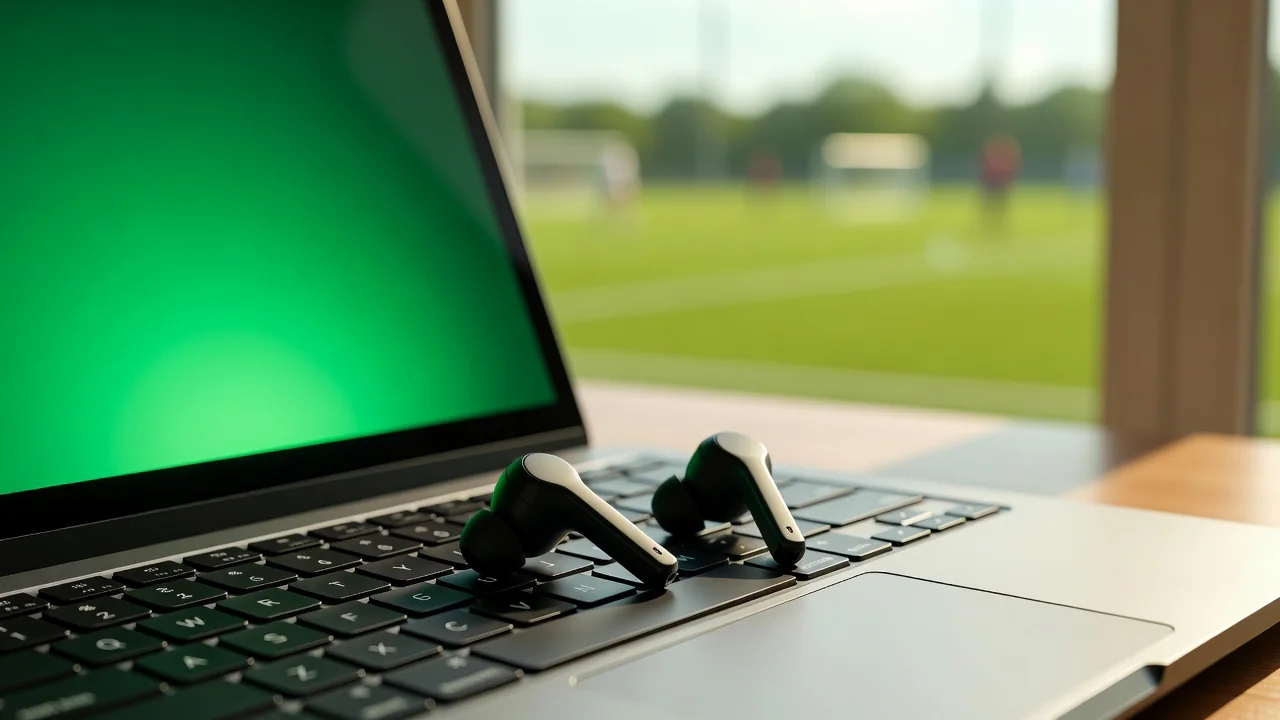 Wireless earphones resting on a laptop keyboard with a glowing green screen