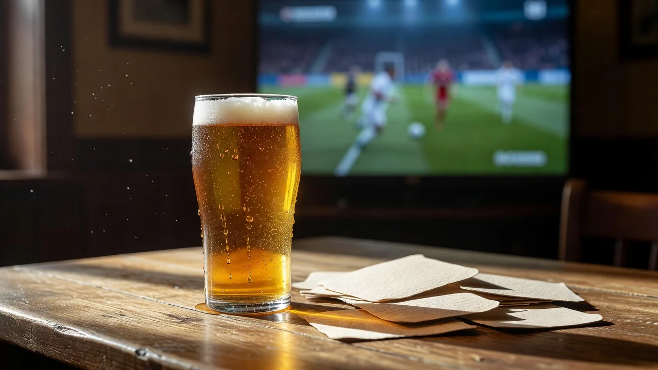 A pint glass on a wooden pub table with a blurred TV glow behind