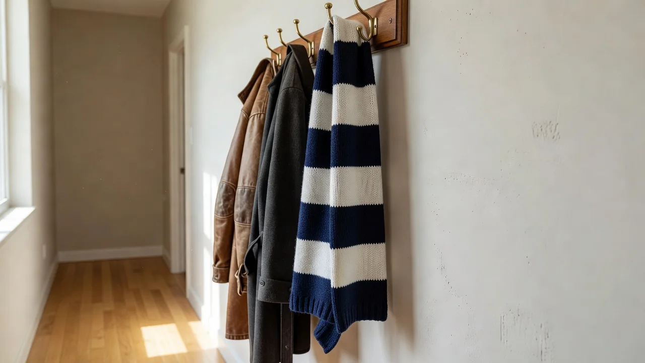 A plain navy and white knit scarf hanging on a brass hallway hook