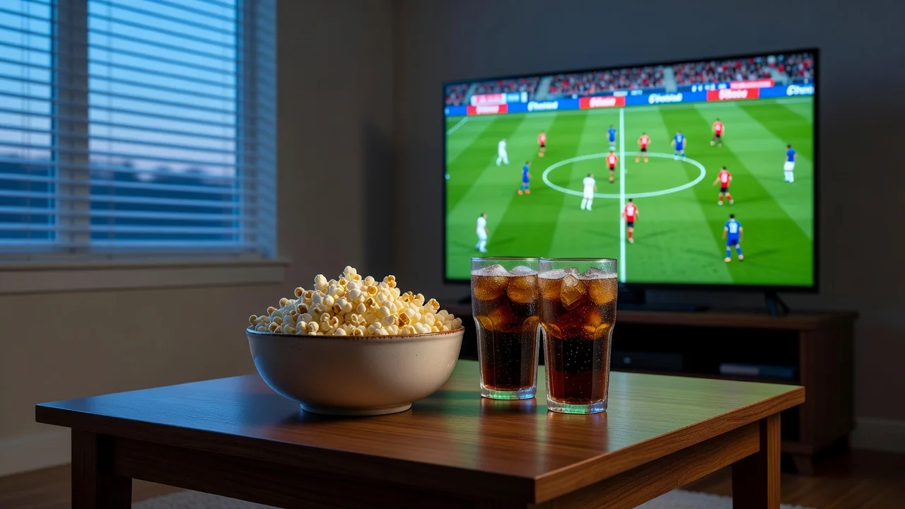 Popcorn and drinks on a coffee table in front of a glowing TV at night