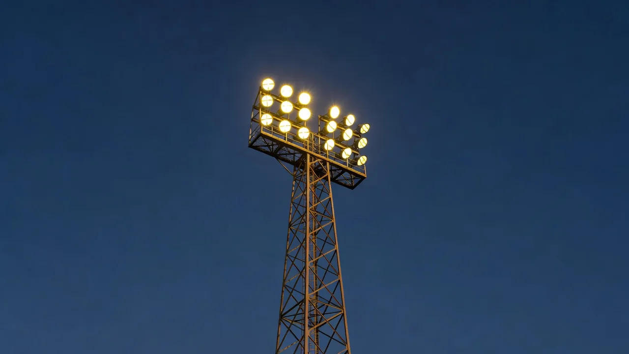 A floodlight tower glowing against a deep blue evening sky