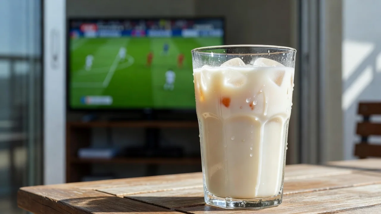 A glass of iced horchata on a sunny balcony table with a blurred TV inside