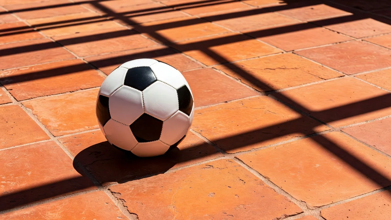 A soccer ball on sun baked terracotta tiles with strong midday shadows