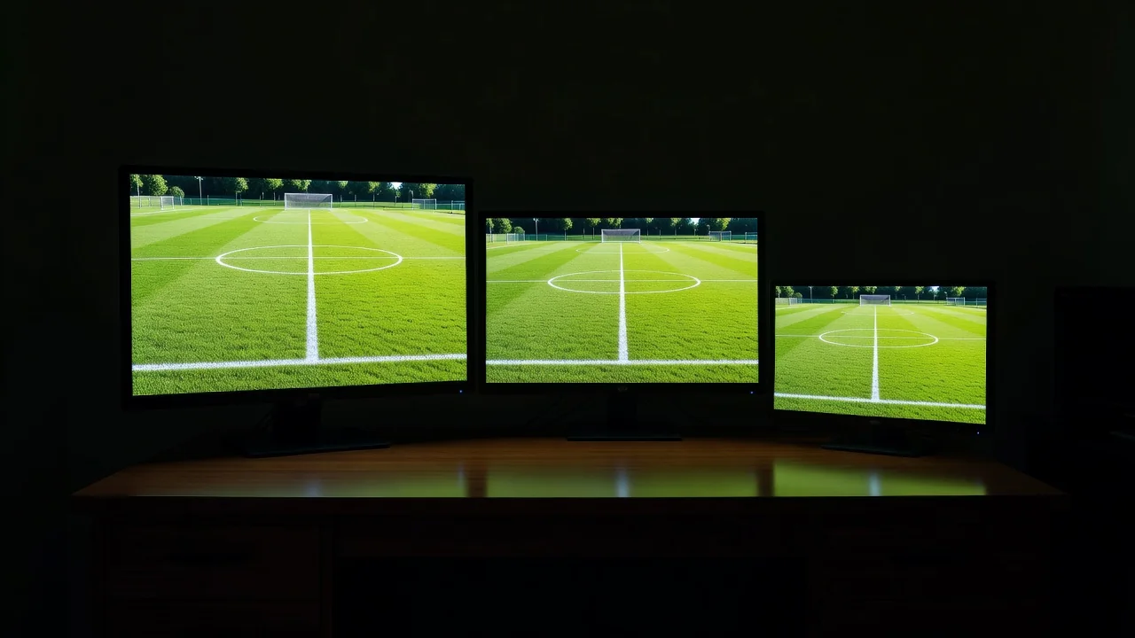 Three glowing screens of different sizes on one desk showing the same green pitch