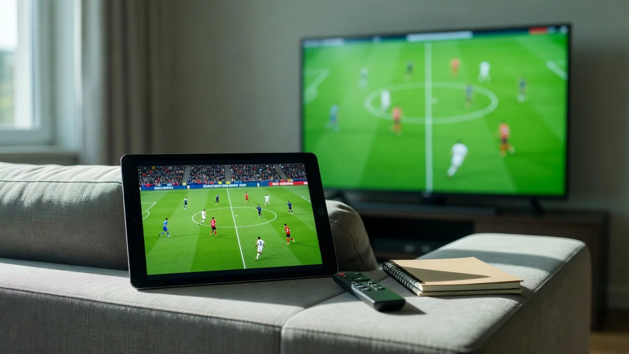 A tablet on a sofa arm next to a remote with a TV glowing green behind