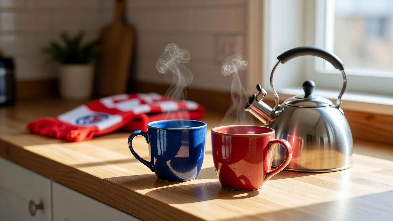 A kettle and two steaming mugs on a kitchen counter at halftime