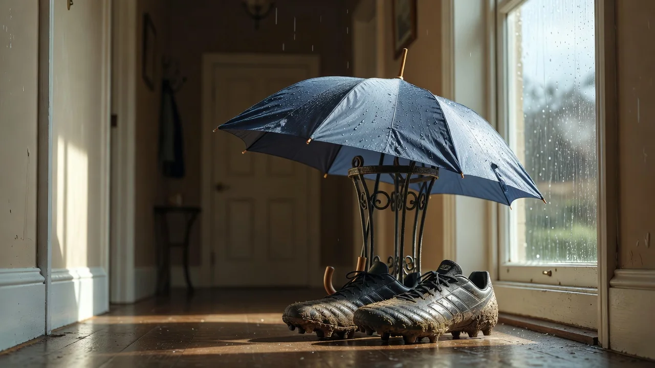 A wet umbrella drying in a hallway next to muddy soccer cleats