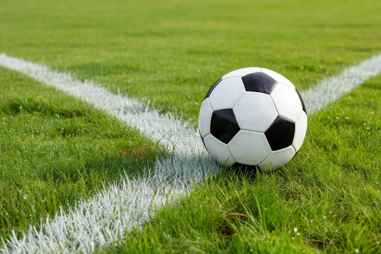 A classic black and white soccer ball resting on dewy grass next to a white pitch line