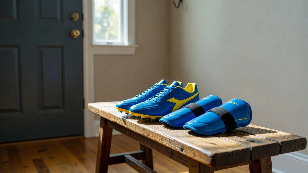 Soccer cleats and shin pads arranged on a hallway bench ready for matchday