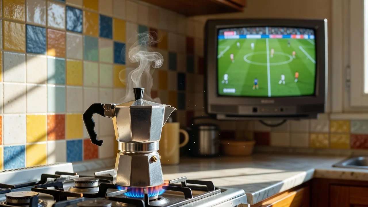 A moka pot steaming on a stove with a small kitchen TV showing a green pitch