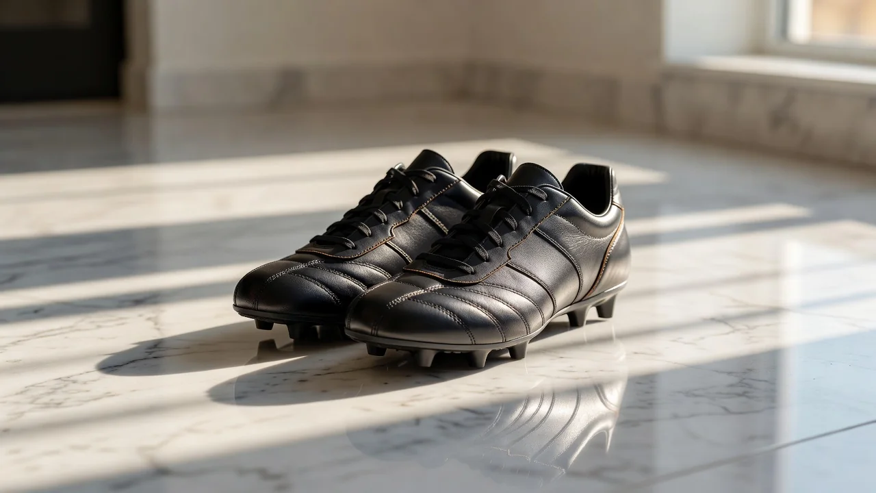 Elegant leather soccer cleats on a marble floor in dramatic side light
