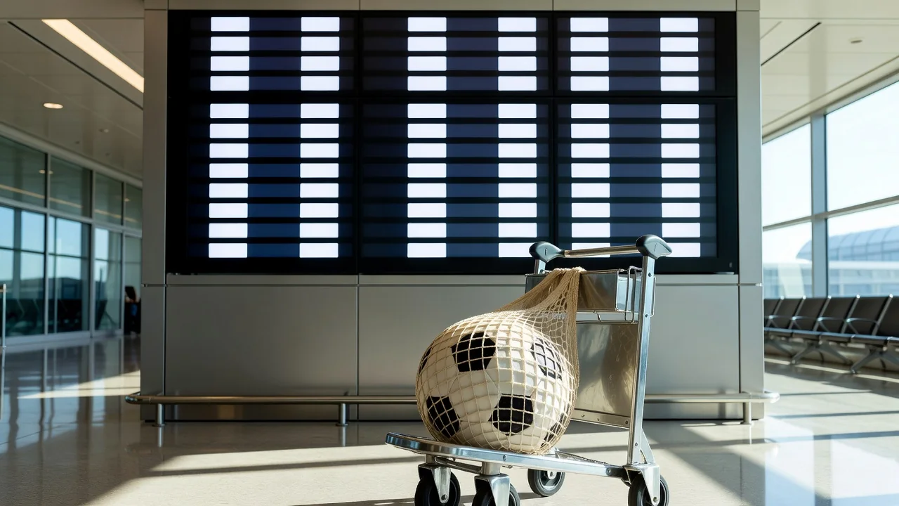 A soccer ball in a net bag on an airport luggage trolley