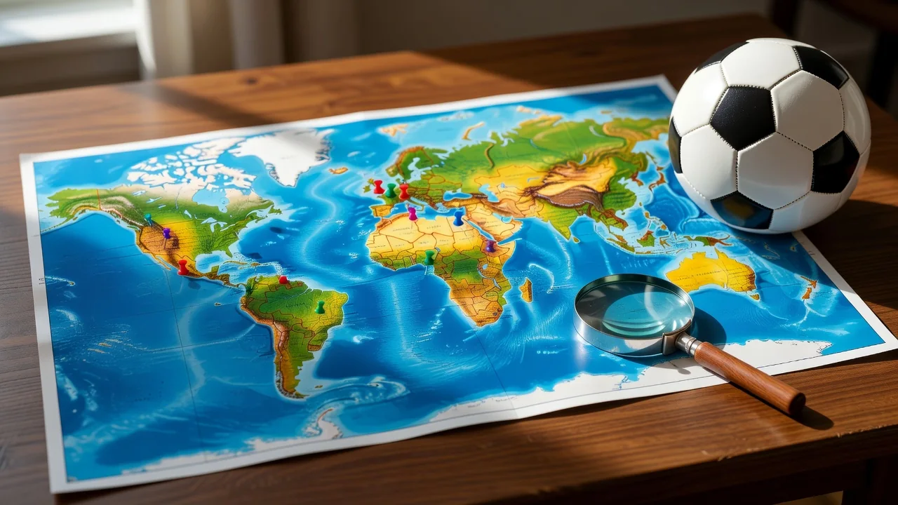 A paper world map with pins, a magnifying glass and a soccer ball on a table