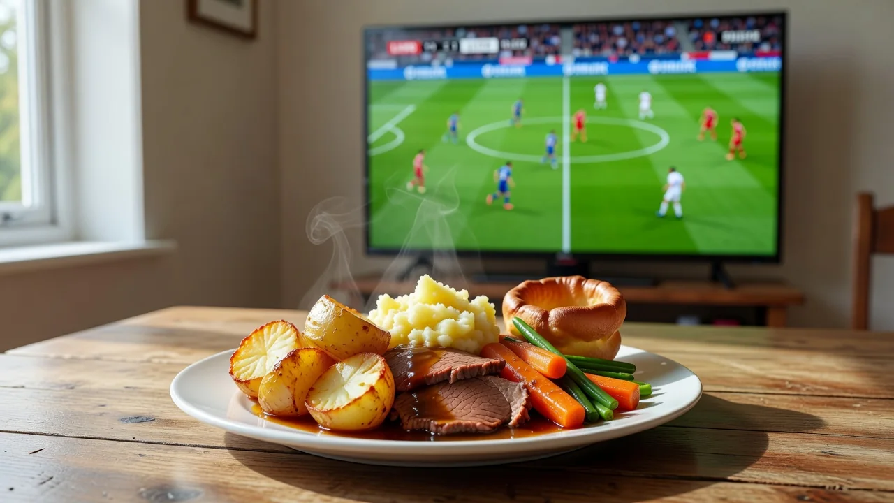 A Sunday roast dinner plate on a table in front of a TV showing a sunny pitch