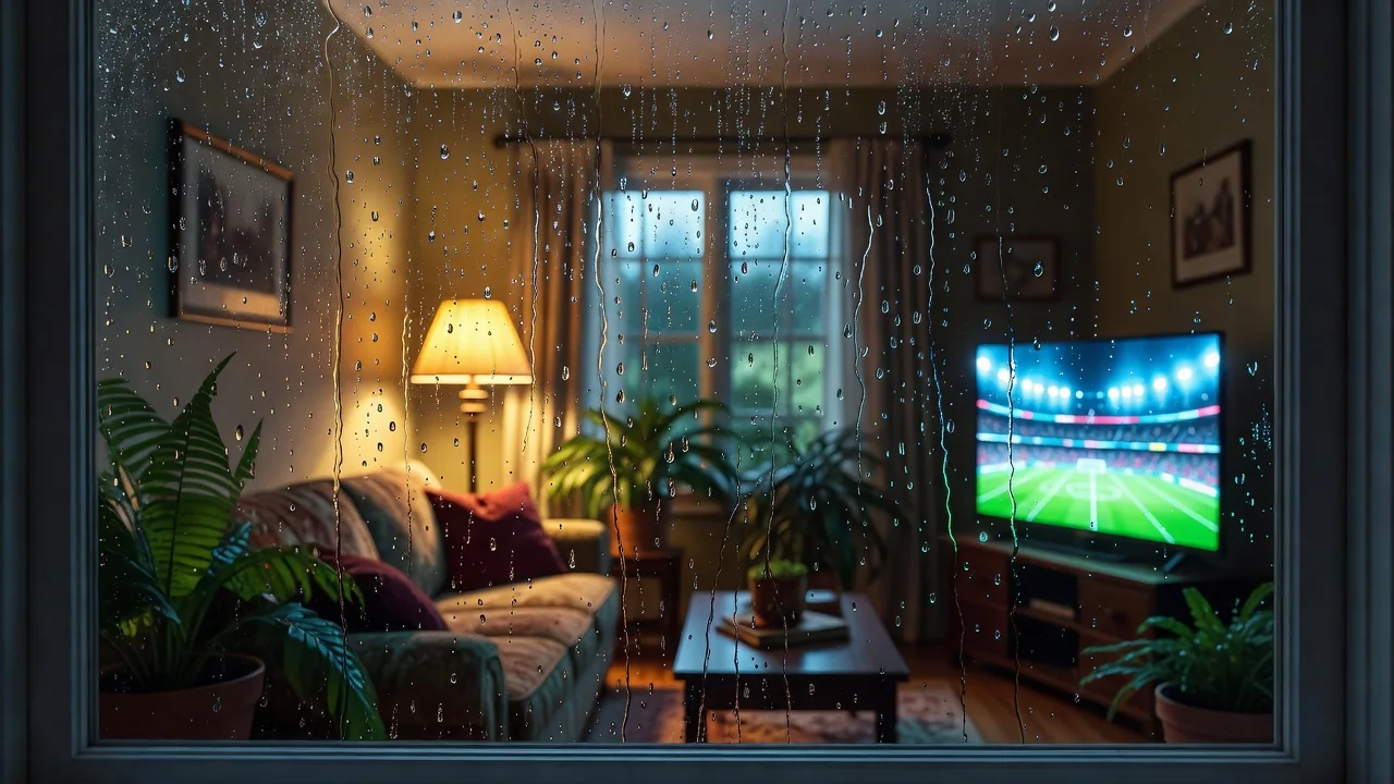 A rain covered window with a warm lamp lit living room and TV glow behind