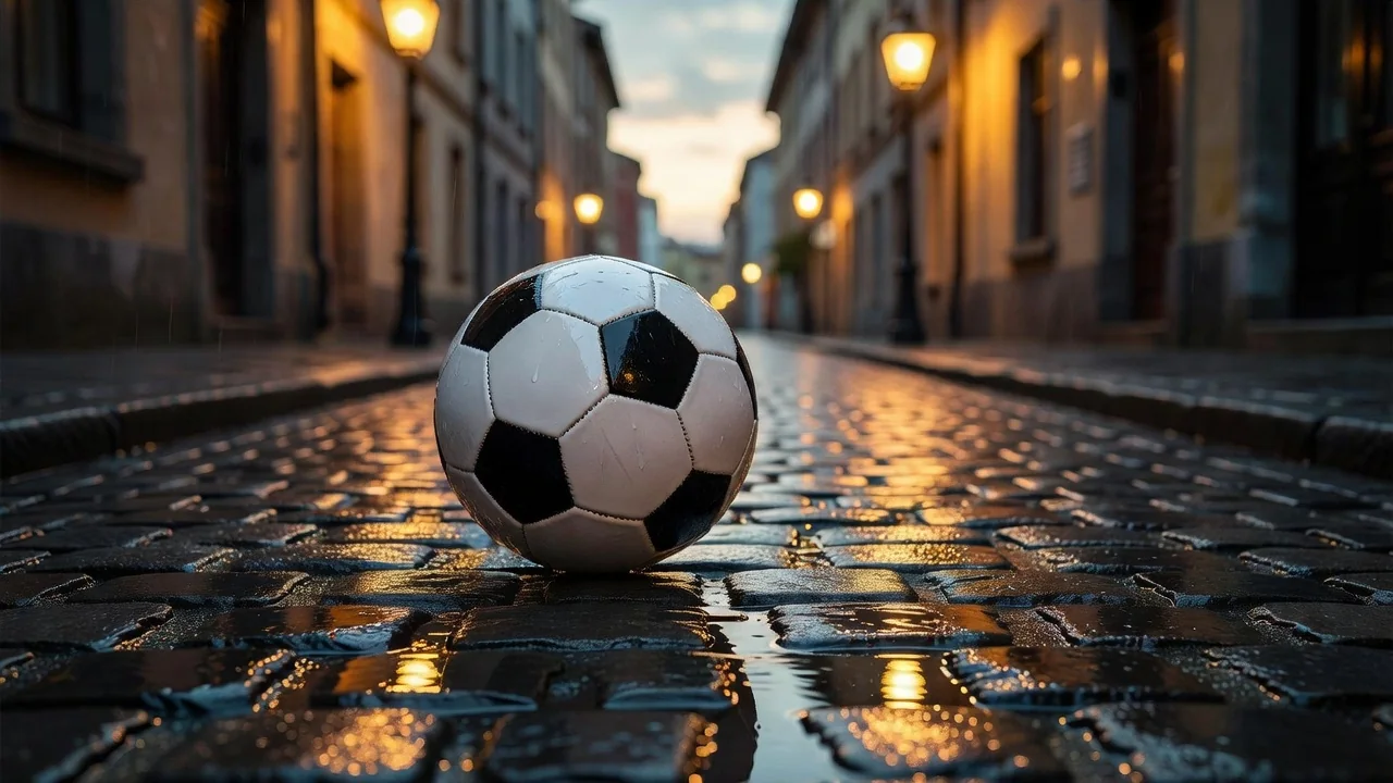 A soccer ball on wet cobblestones reflecting street lamps after rain