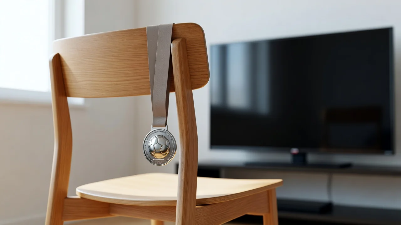 A silver generic medal with a plain ribbon hanging on a chair near a TV