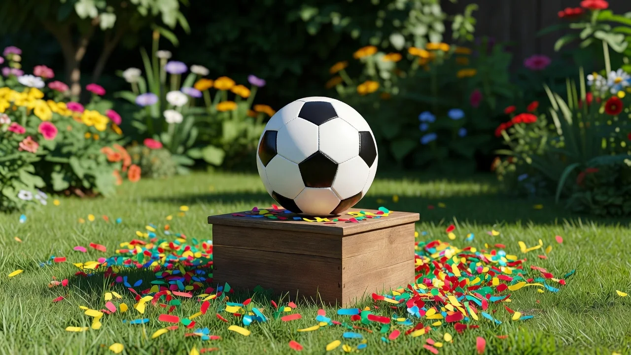 A soccer ball on a wooden podium box in a garden with confetti on grass