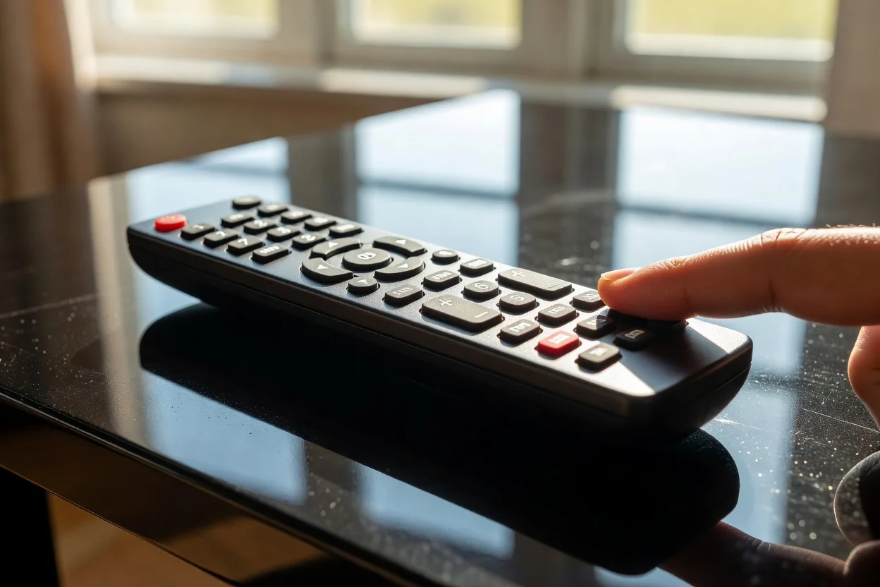 A TV remote lying on a glossy table reflecting window light