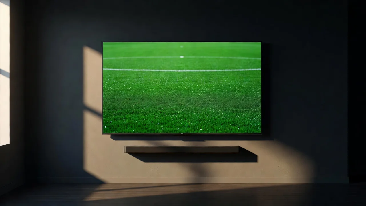 A slim soundbar under a wall mounted TV glowing green in a dark room
