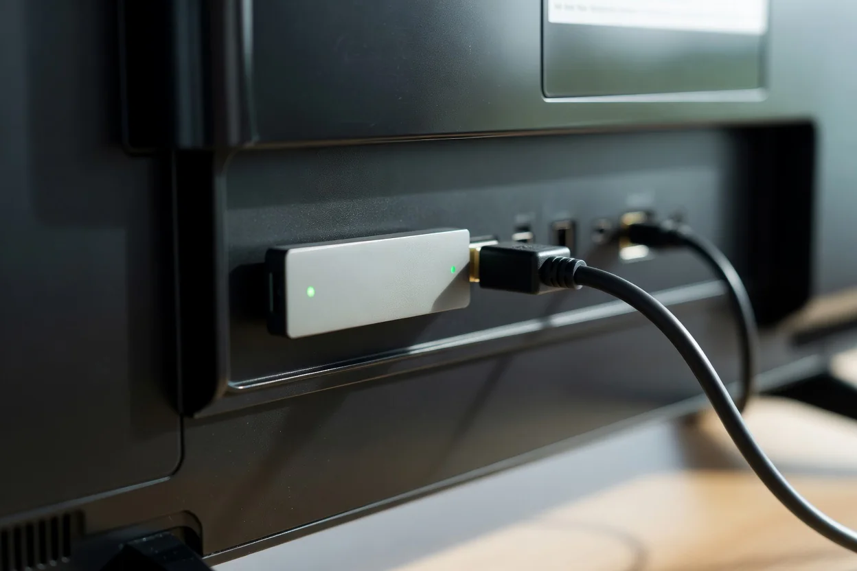 An HDMI streaming stick plugged into the back of a television