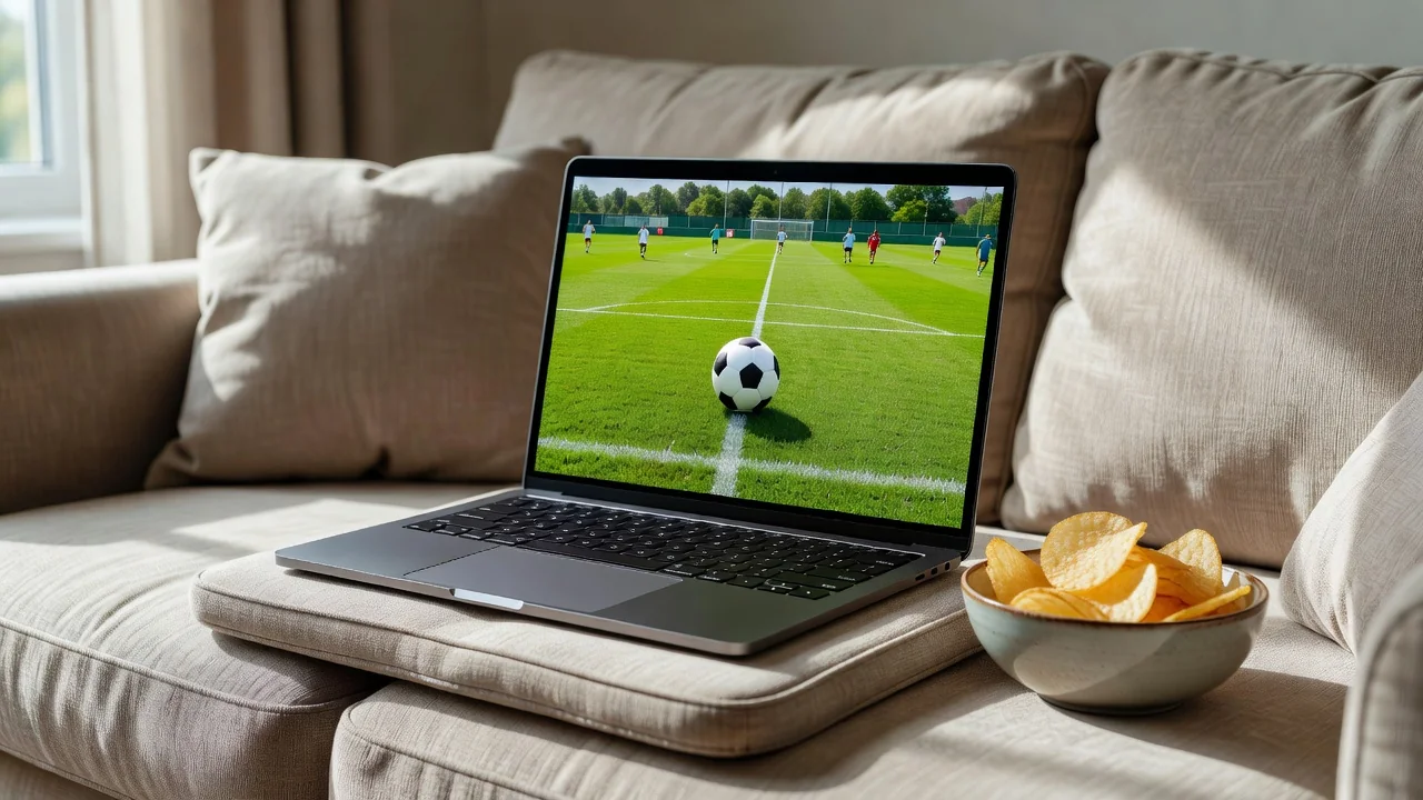 A laptop on a lap desk showing a green soccer pitch with snacks beside it