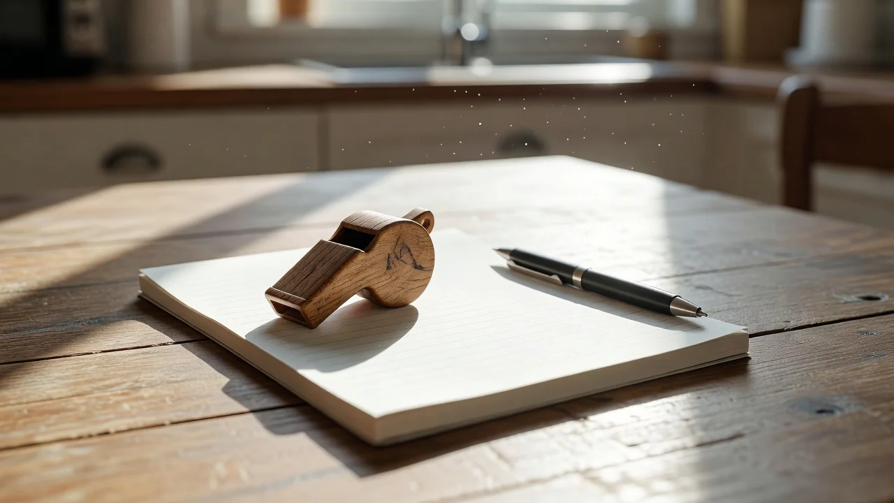 A wooden whistle and a blank notepad with a pen on a kitchen table