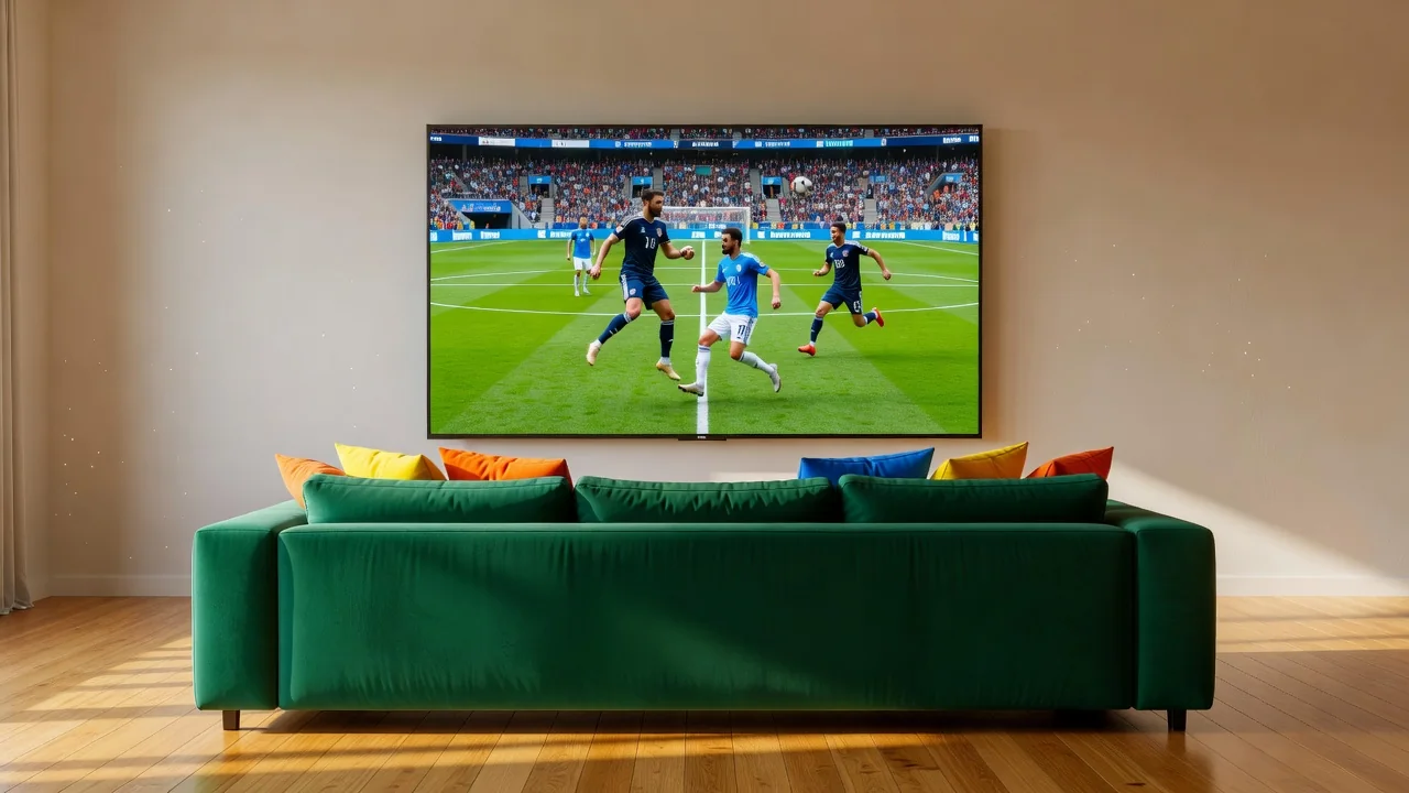 A green sofa facing a large wall TV in an empty living room