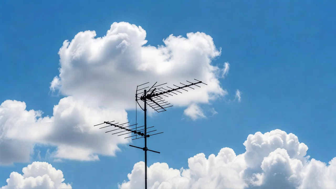 A rooftop TV antenna silhouetted against a bright blue sky with clouds