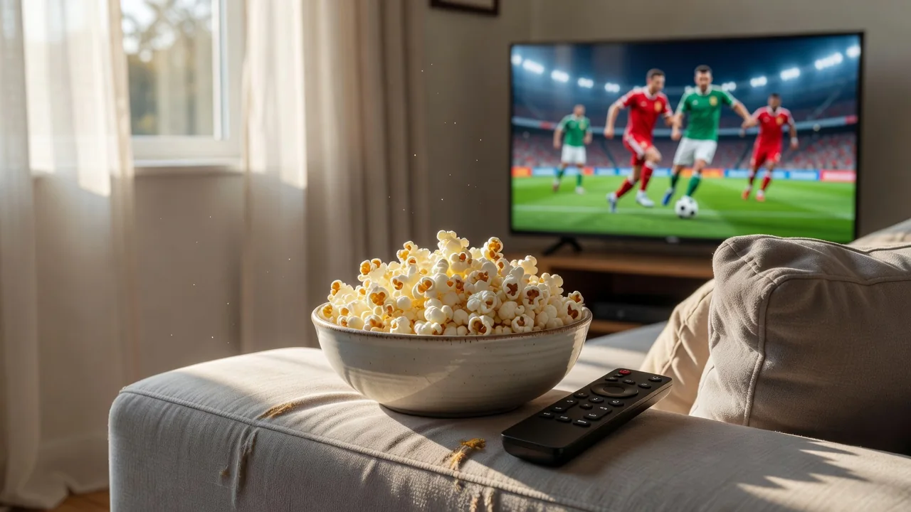 A bowl of homemade popcorn on a couch with a remote in sunlight