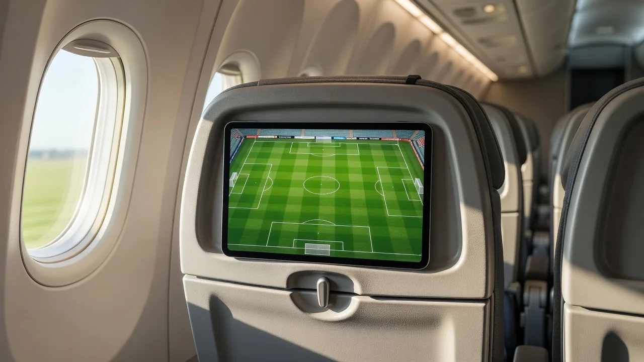 A tablet in an airplane seat back pocket showing a green soccer pitch