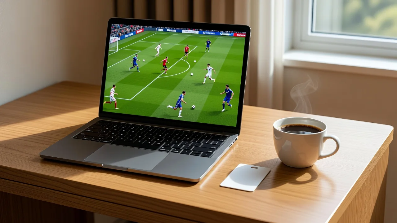 A hotel desk with a laptop showing a green pitch and a coffee cup