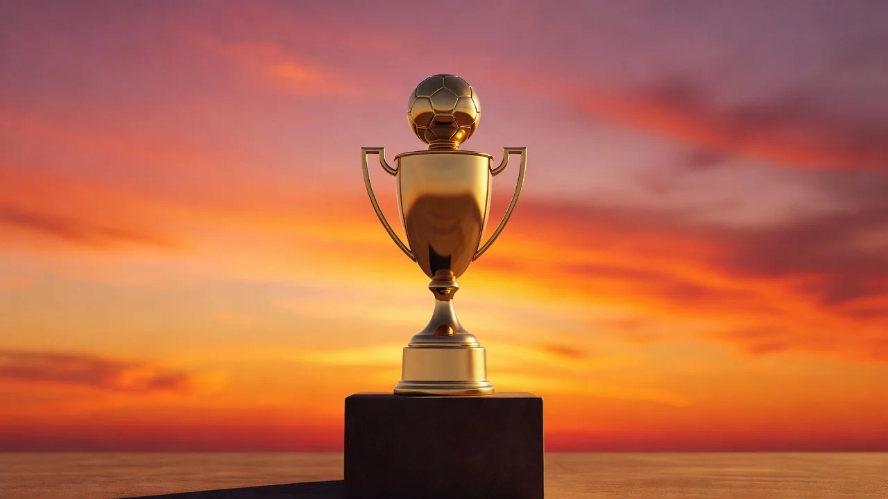 A golden generic trophy silhouette on a pedestal against a sunset sky