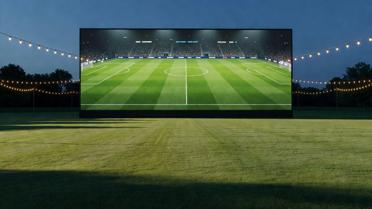 An empty fan fest lawn with a giant screen showing a green pitch at blue hour
