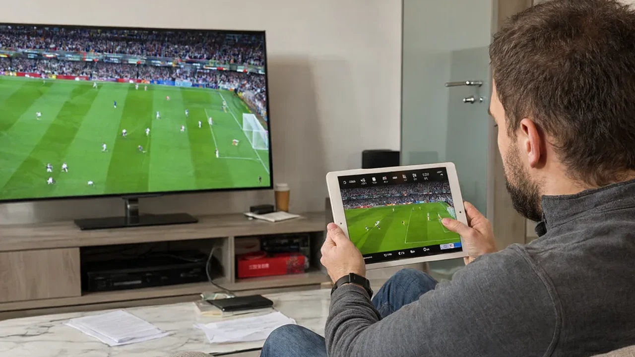 Man in a living room comparing football streaming apps on a tablet while a match plays on the TV