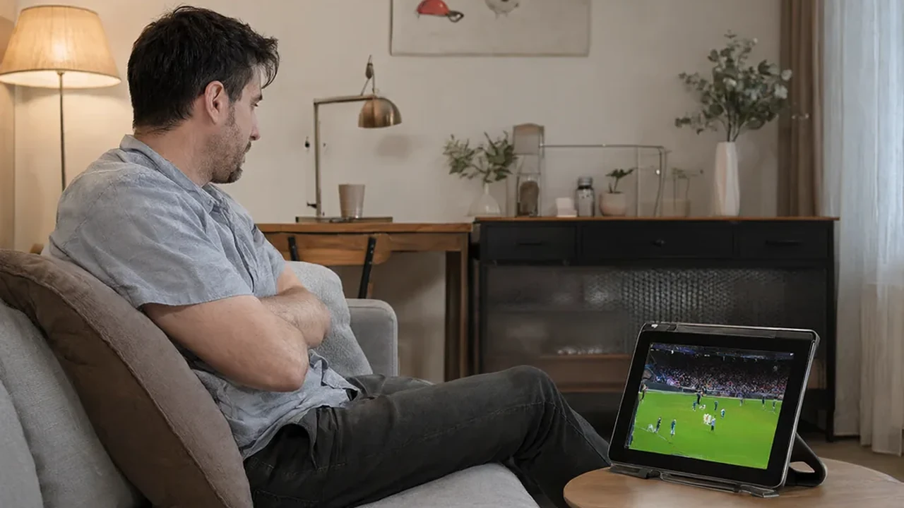 Two supporters on a sofa watching a match on a laptop, one checking a phone, coffee cups on the table