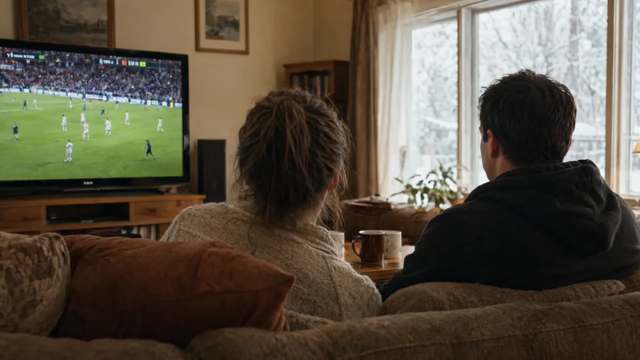 Two adults in a living room watching football on a wall mounted television